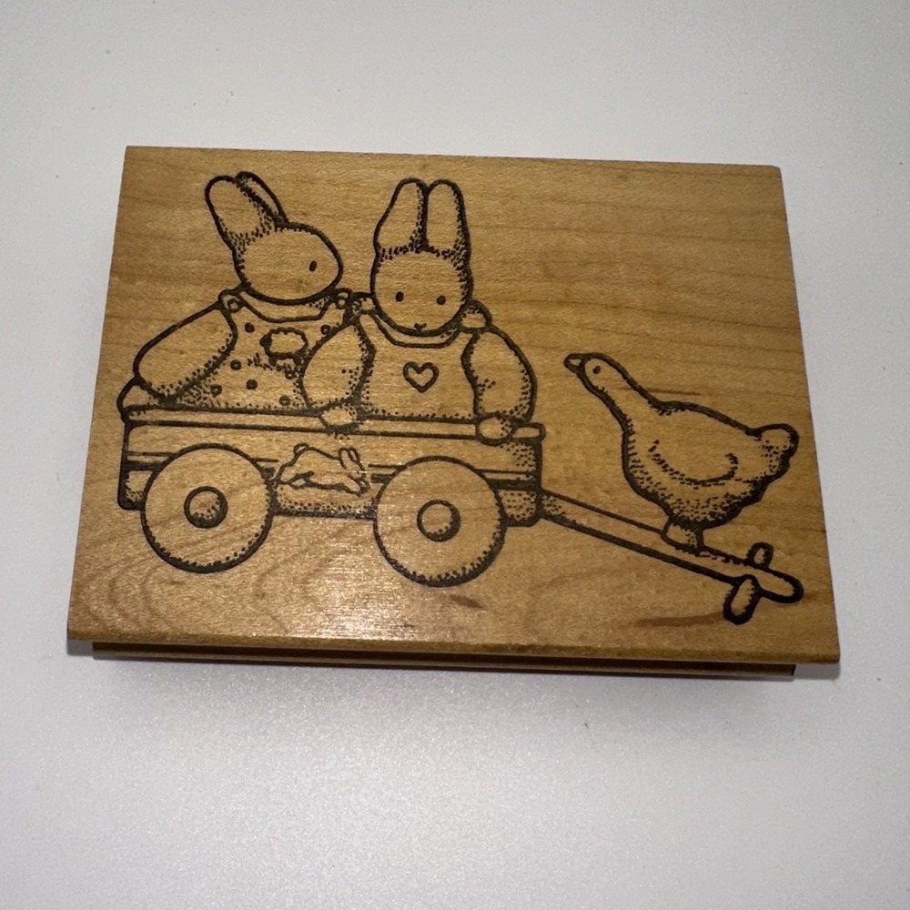 Daisy Kingdom Bunny Rabbits Goose Wagon Wood Mount Rubber Stamp Art Vintage 1988